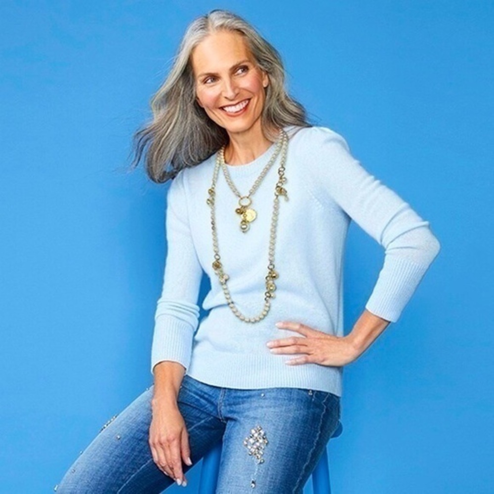 Chicos 100% Cashmere Baby Blue Sweater Crewneck Size 2 Large